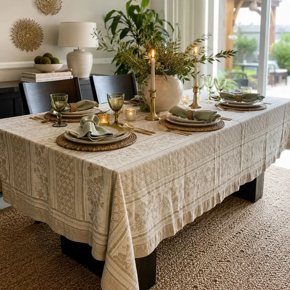Williams Sonoma 70x126 Linen Cotton Jacquard Grapevine Tablecloth Taupe Ivory